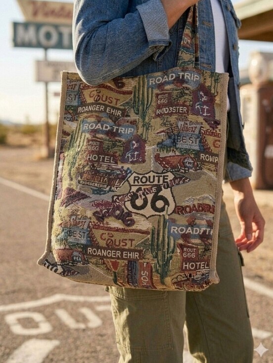 Jade Handbags - Vtg JADE Route 66 Themed Tapestry Canvas Travel Shoulder Tote Bag & Coin Purse